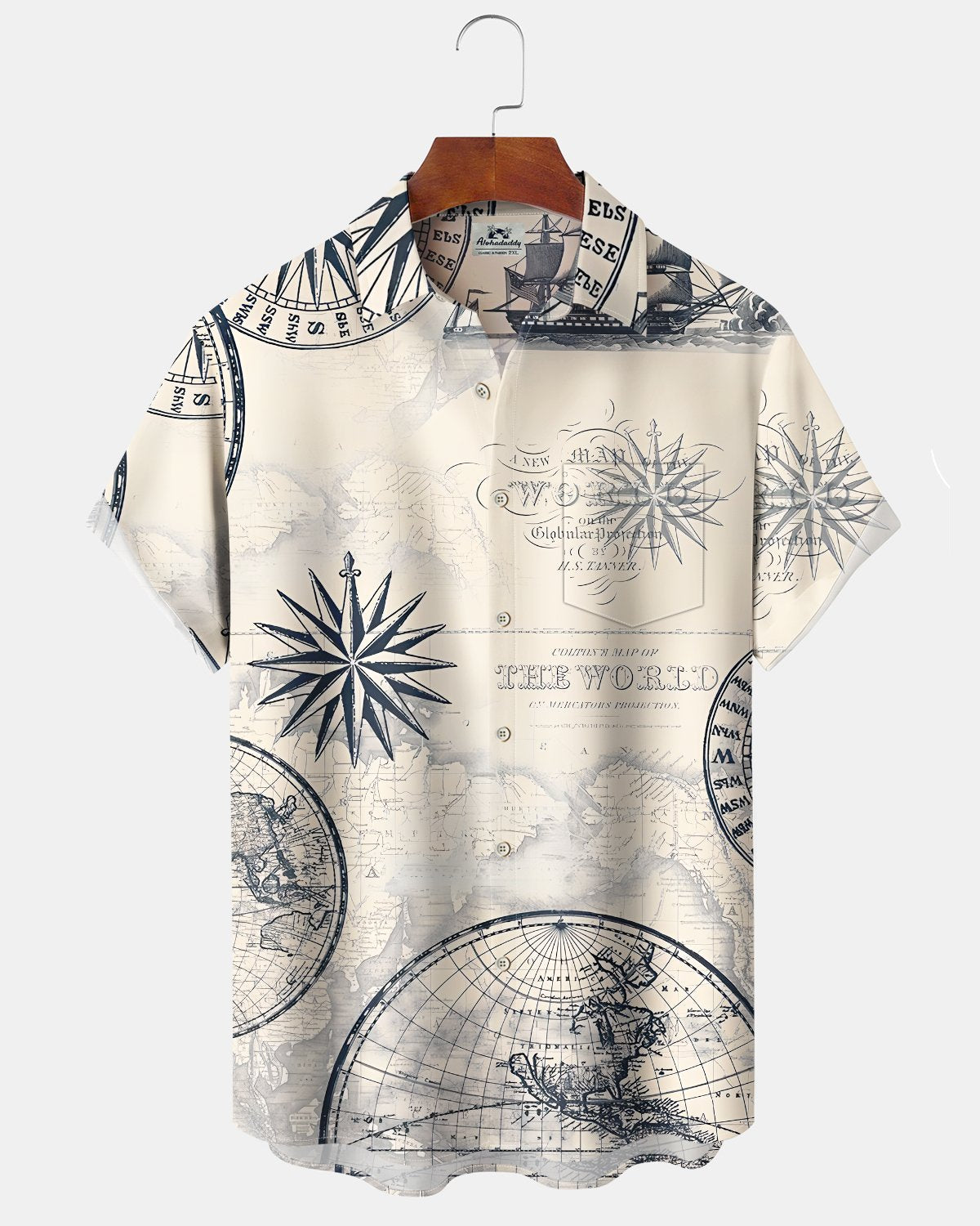 Alohadaddy® Vintage Nautical Print Art Button Pocket Cardigan Men's Short Sleeve Shirt