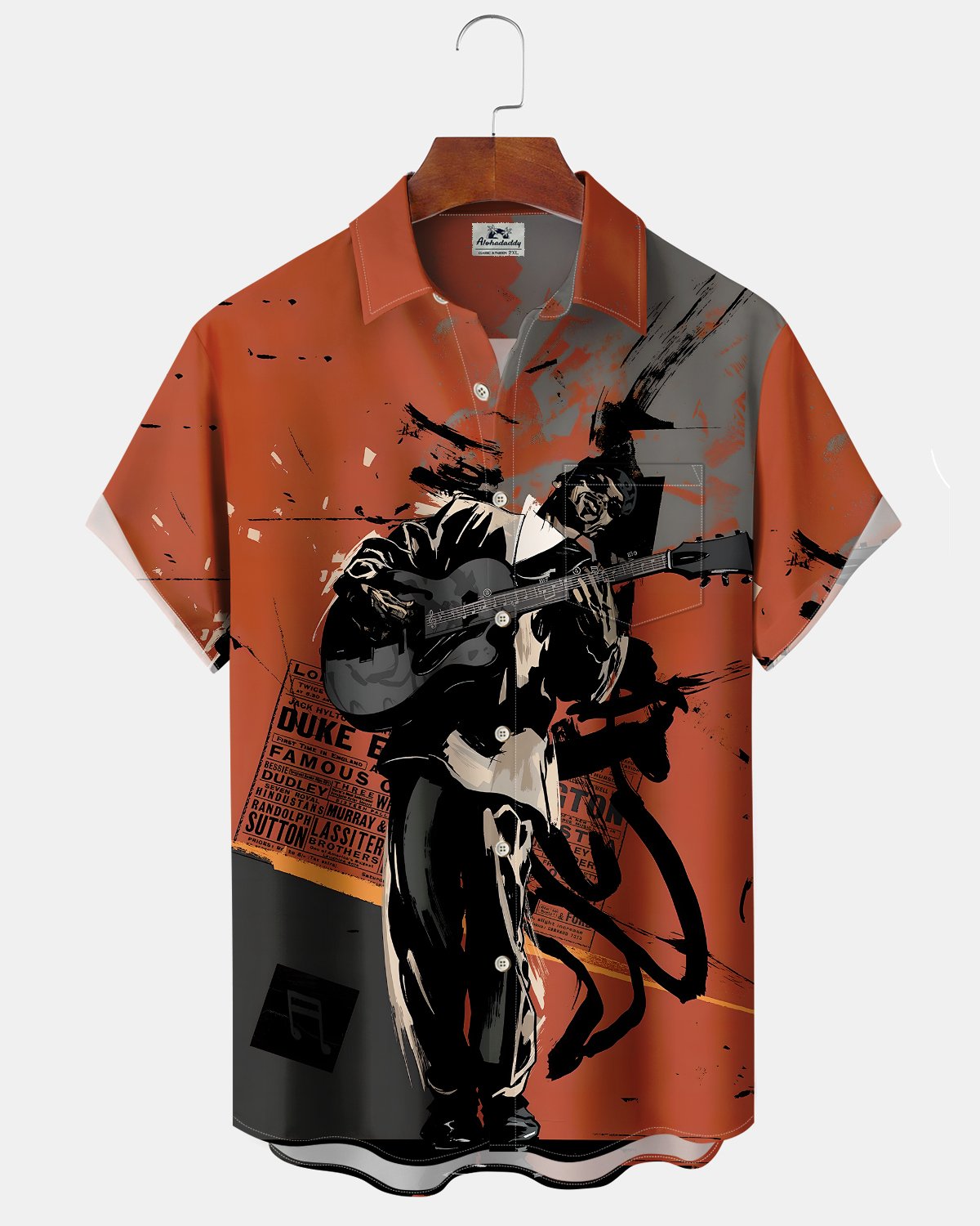 Alohadaddy® Vintage Guitarist Print Art Button Pocket Men's Short-Sleeve Shirt