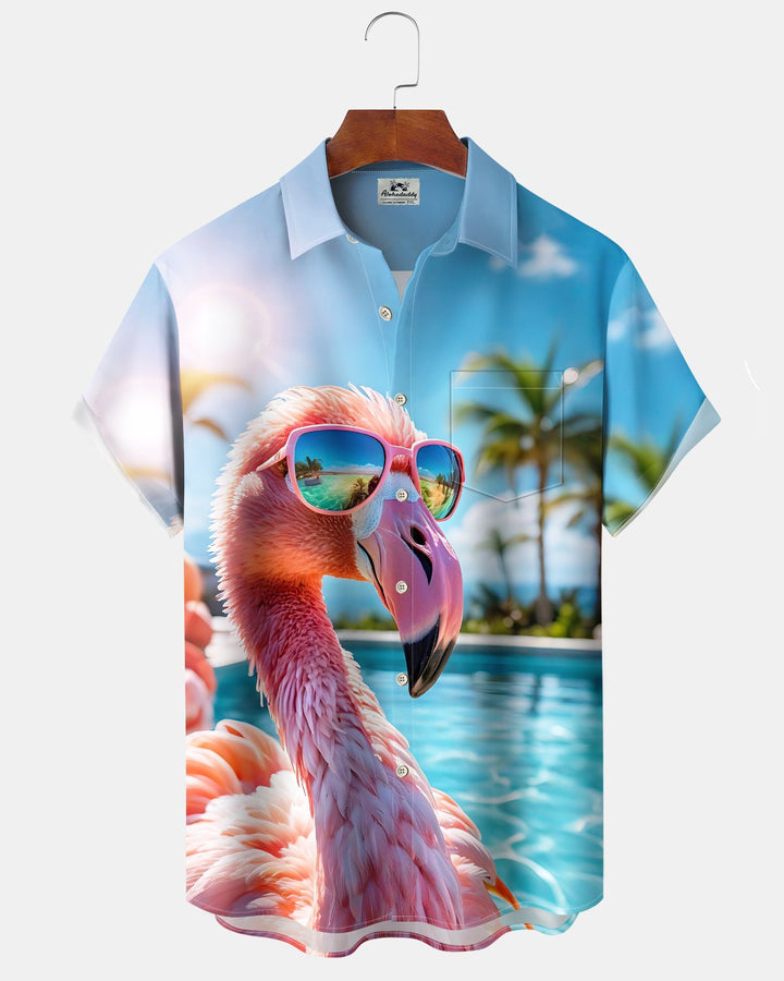 Alohadaddy® Hawaiian Flamingo Print Art Button Pocket Cardigan Men&