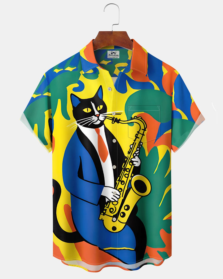 Alohadaddy® Vintage "Jazz Cat" Art Print Button-Down Cardigan  Men&
