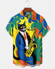 Alohadaddy® Vintage "Jazz Cat" Art Print Button-Down Cardigan  Men's Short-Sleeve Shirt with Pocket