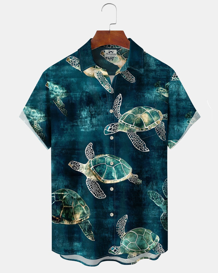 Alohadaddy® Hawaiian Sea Turtle Print Art Button-Down Pocket Cardigan Men&
