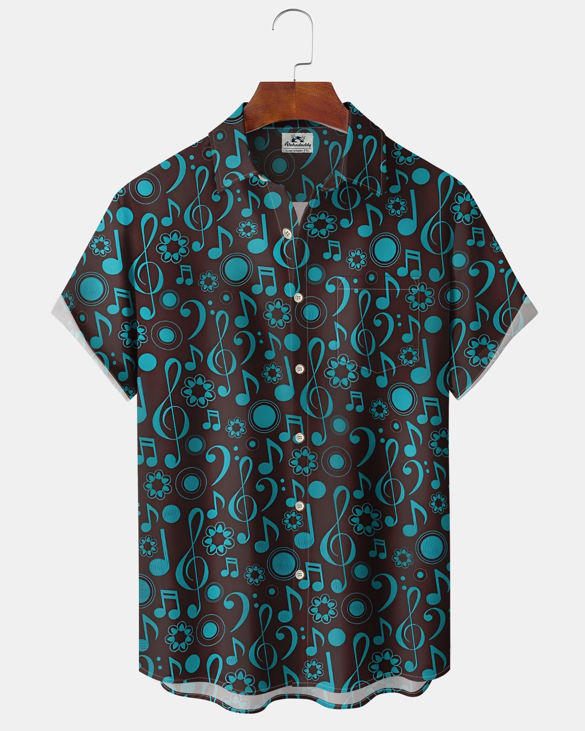 Alohadaddy® Men's Short-Sleeve Button-Down Cardigan Shirt with Vintage Music-Themed Graphic Print and Pocket