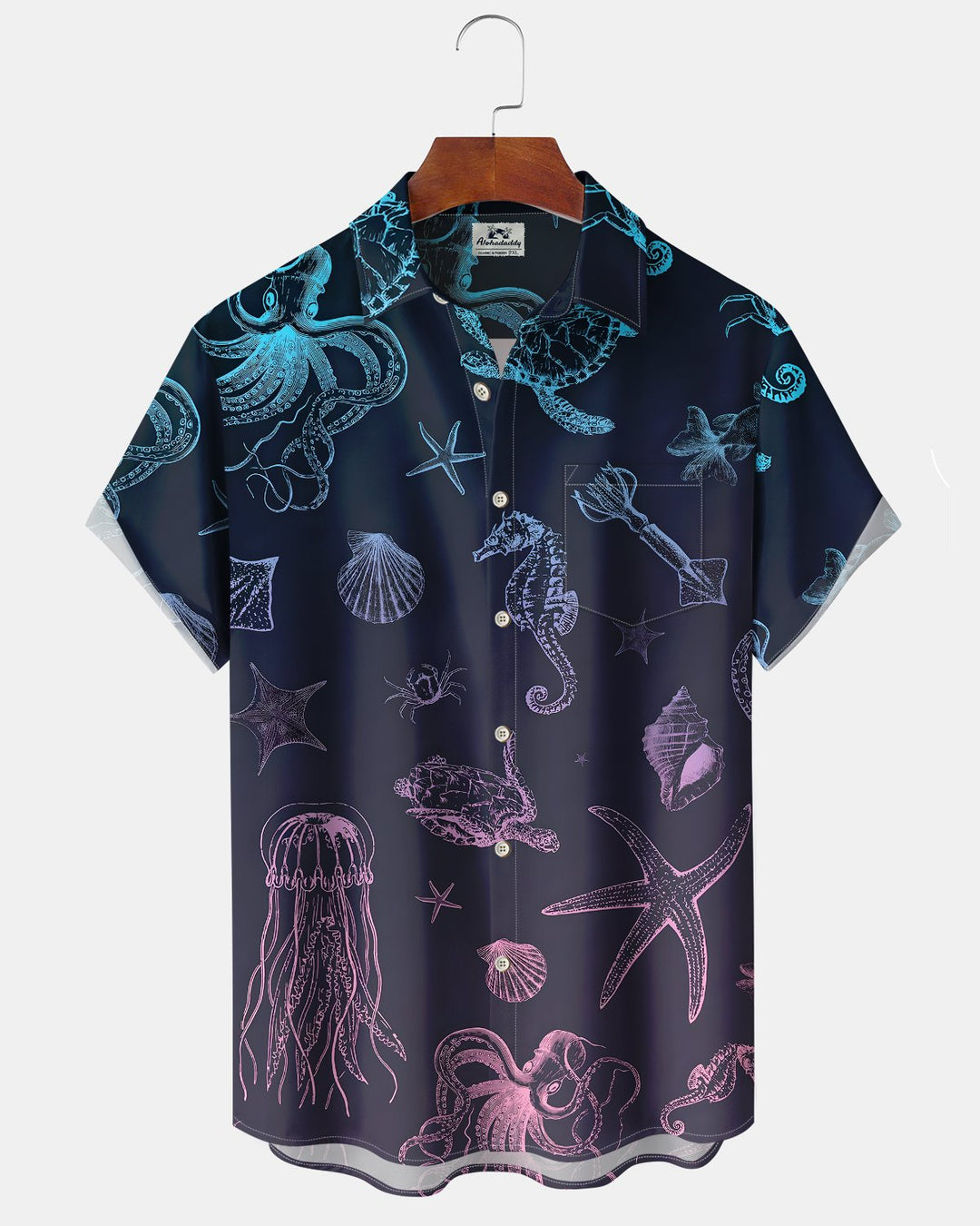 Alohadaddy® Hawaiian Marine Life Print Art Button Pocket Cardigan Men&