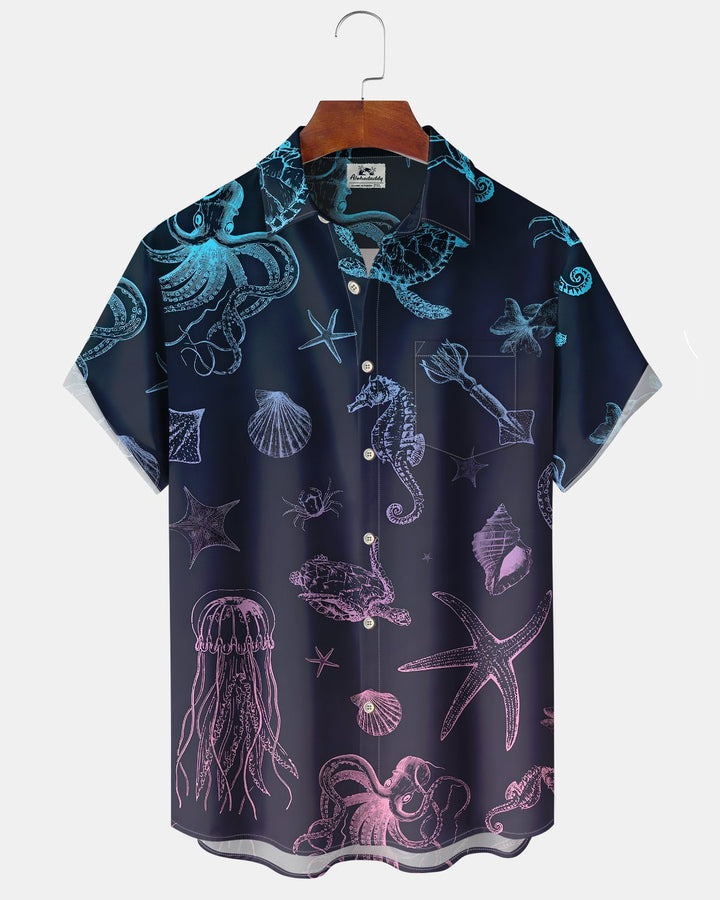 Alohadaddy® Hawaiian Marine Life Print Art Button Pocket Cardigan Men&