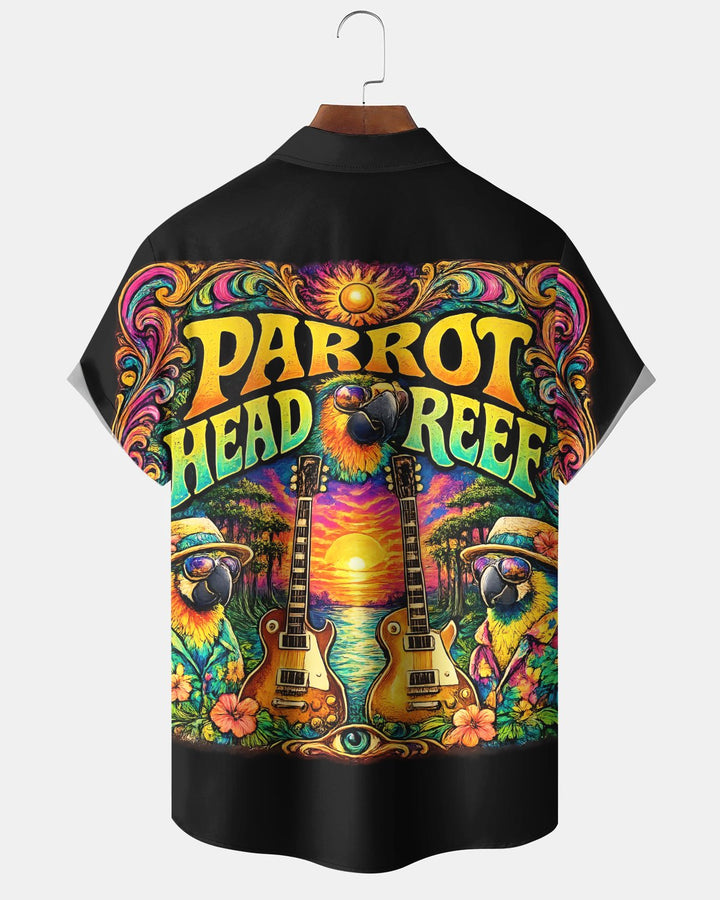 Alohadaddy® Hawaiian Music Parrot Print Art, Button Pocket Cardigan, Men&
