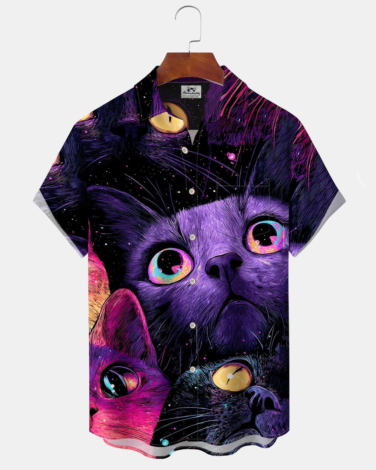 Alohadaddy® Men's Short-Sleeve Button-Down Shirt Vintage Cat Print with Pocket