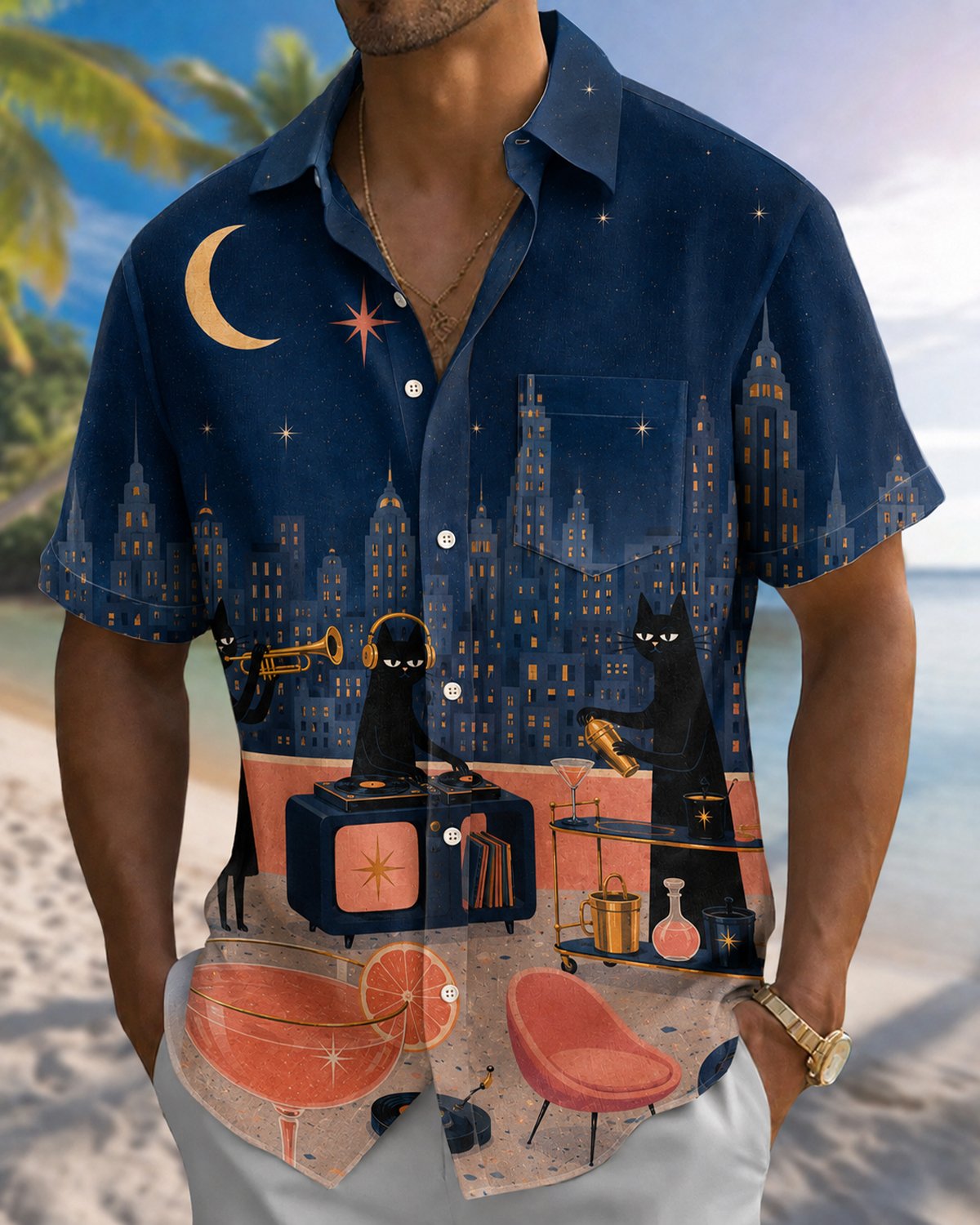 Alohadaddy® Men's Short-Sleeve Button-Down Shirt with Pocket Cat Music  Print