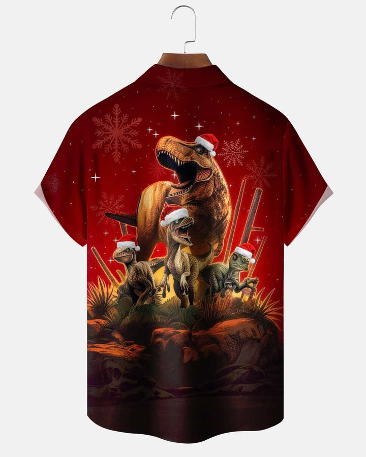 Alohadaddy® Holiday Christmas Dinosaur Print Button-Down Short-Sleeve Shirt with Pocket for Men