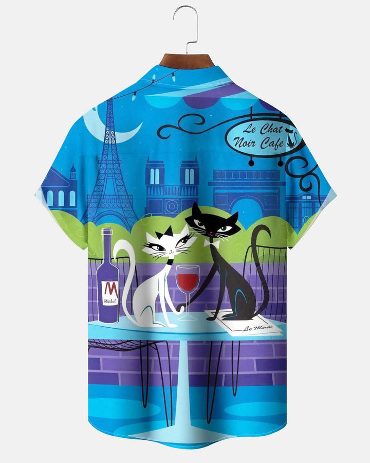 Alohadaddy® Men’s Short-Sleeve Button-Down Shirt  Vintage Atomic Cat Print with Pocket