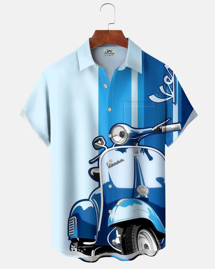 Alohadaddy® Men’s Short-Sleeve Button-Down Shirt  Vintage Motorcycle Graphic Print with Pocket