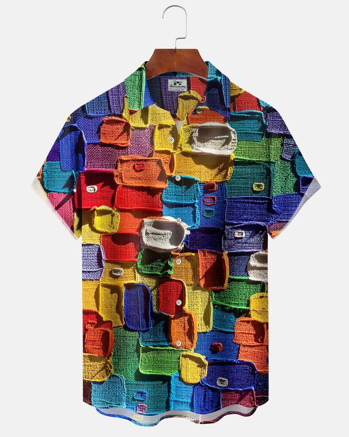 Alohadaddy® Men’s Short-Sleeve Button-Down Cardigan Shirt with Vintage Geometric Art Print and Pocket