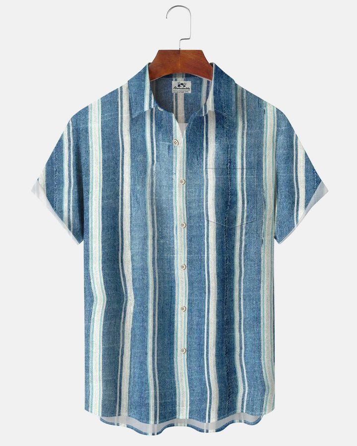 Alohadaddy® Men’s Short-Sleeve Button-Down Shirt  Vintage-Style Striped &amp; Printed Cardigan-Look Shirt with Pocket