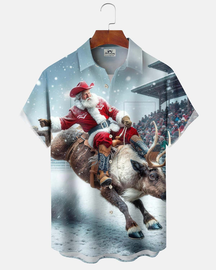 Alohadaddy® Holiday/Christmas Print Button-Down Short-Sleeve Men’s Cardigan Shirt with Pocket