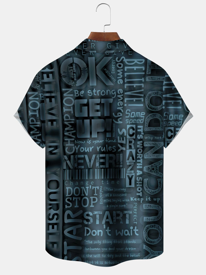 Alohadaddy Casual Vintage Series Letters Print Art Pockets Buttons Elastic Oversized Shirt