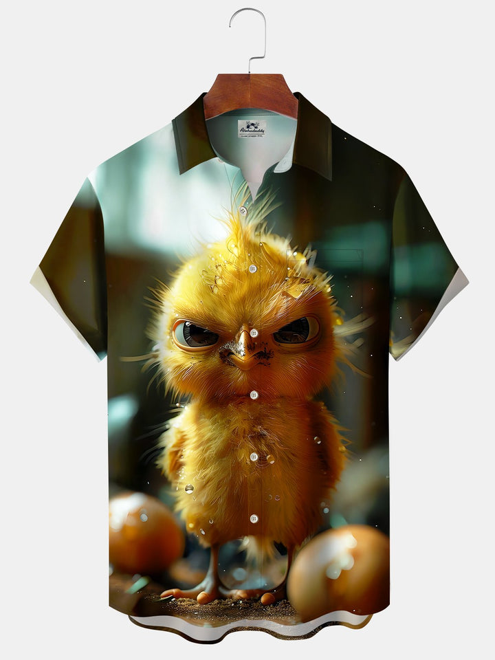 Alohadaddy Hawaiian Yellow Chicken Print Art Pocket Button Cardigan Stretch Large Size Short Sleeve Shirt