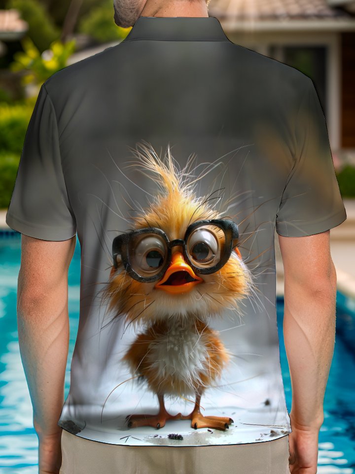Alohadaddy Casual Yellow Chicken Print Art Button Cardigan Pocket Stretch Large Size Short Sleeve Polo Shirt