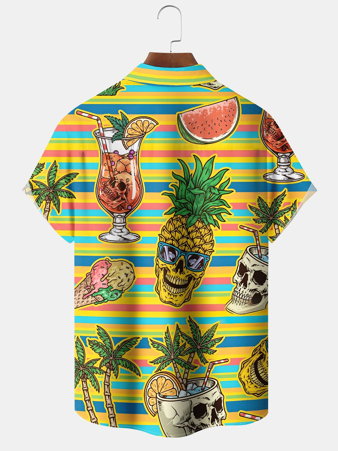 Alohadaddy Hawaiian Casual Pineapple Skull Stripes Print Art Buttons Cardigan Pockets Stretch Polyester Long Oversized Short Sleeve Shirt
