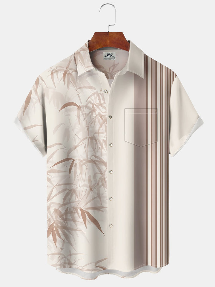 Alohadaddy Casual Series Stripes Bamboo Print Art Pocket Cardigan Buttons Polyester Stretch Short Sleeve Shirt