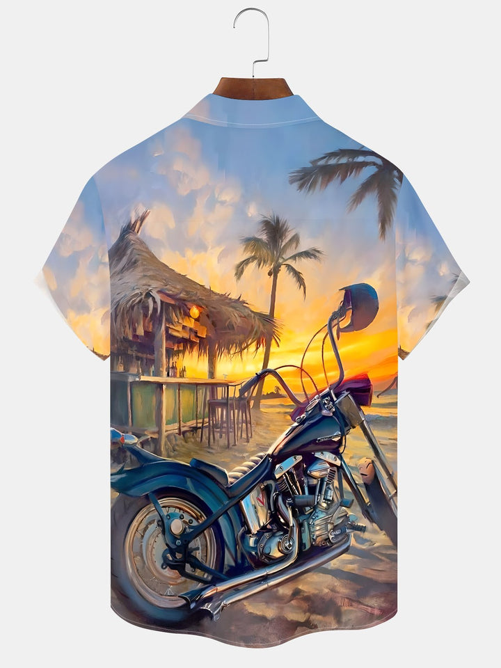Alohadaddy Hawaiian Leisure Vacation Motorcycle Print Art Button Pocket Cardigan Stretch Large Size Short Sleeve Shirt