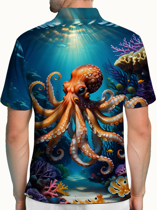 Alohadaddy Casual Daily Hawaii Ocean Octopus Print Art Stretch Large Size Button Short Sleeve POLO Shirt