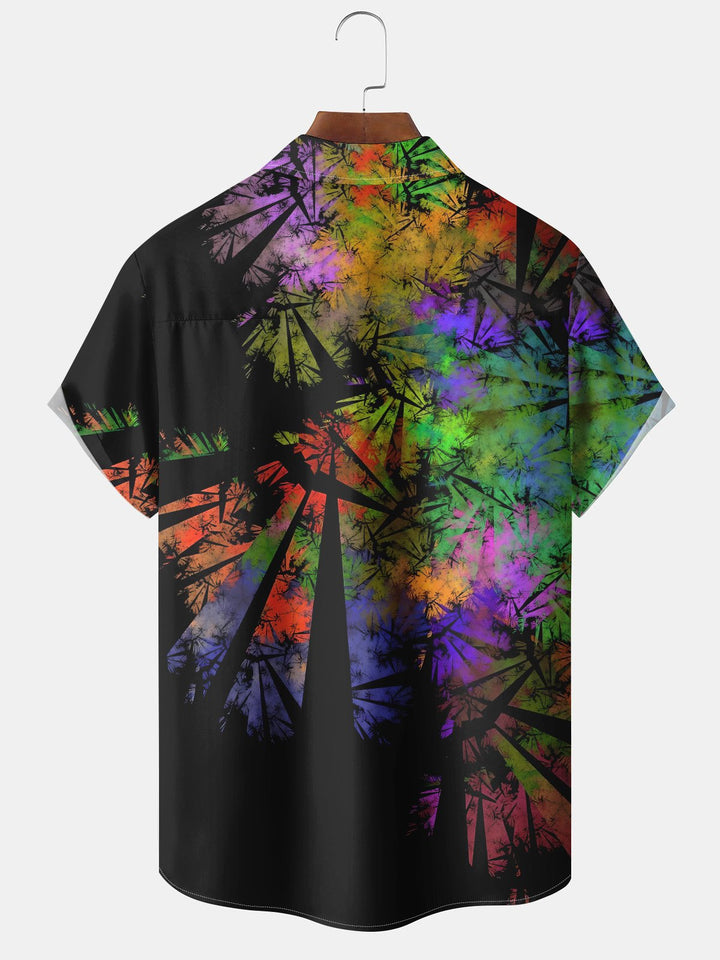 Alohadaddy Hawaiian Abstract Tropical Leaves Art Print Chest Pocket Stretch Short Sleeve Shirt
