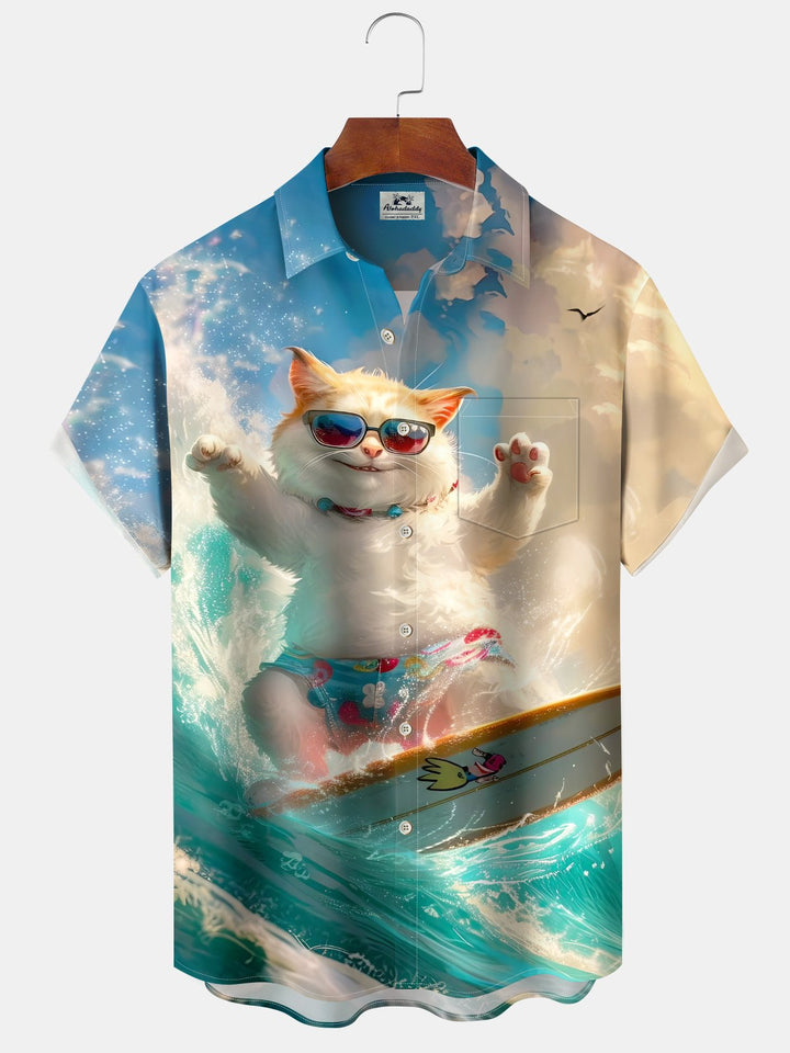 Alohadaddy Casual Surf Cat Art Print Moisture Wicking Chest Pocket Hawaiian Short Sleeve Shirt