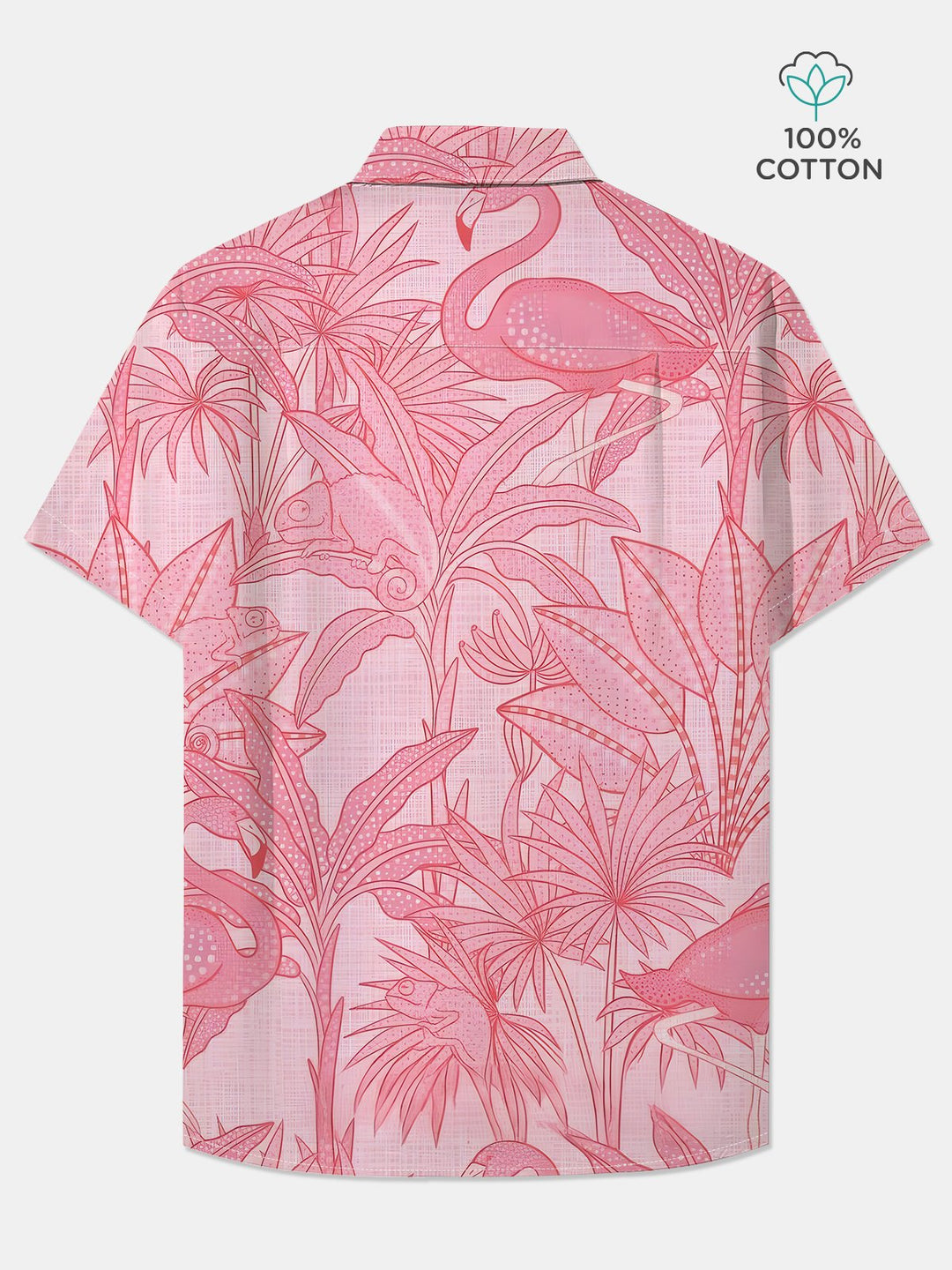 Alohadaddy Cotton Flamingo Chameleon Print Art Moisture Wicking Chest Pocket Cardigan Hawaiian Oversized Short Sleeve Shirt