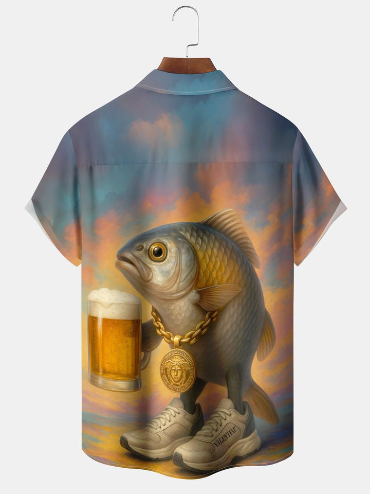 Alohadaddy® Casual Vintage Fish Beer Art Print Chest Pocket Moisture Wicking Large Size Hawaiian Shirt