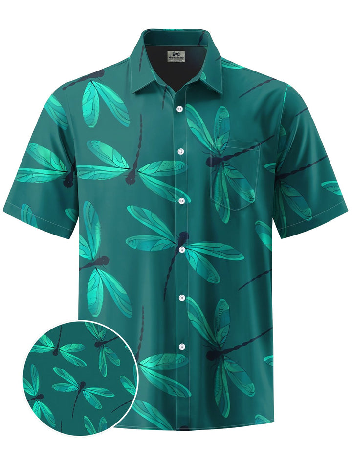 Alohadaddy® Vintage Dragonfly Art Print Chest Pocket Mens Short Sleeve Shirt Big &amp; Tall