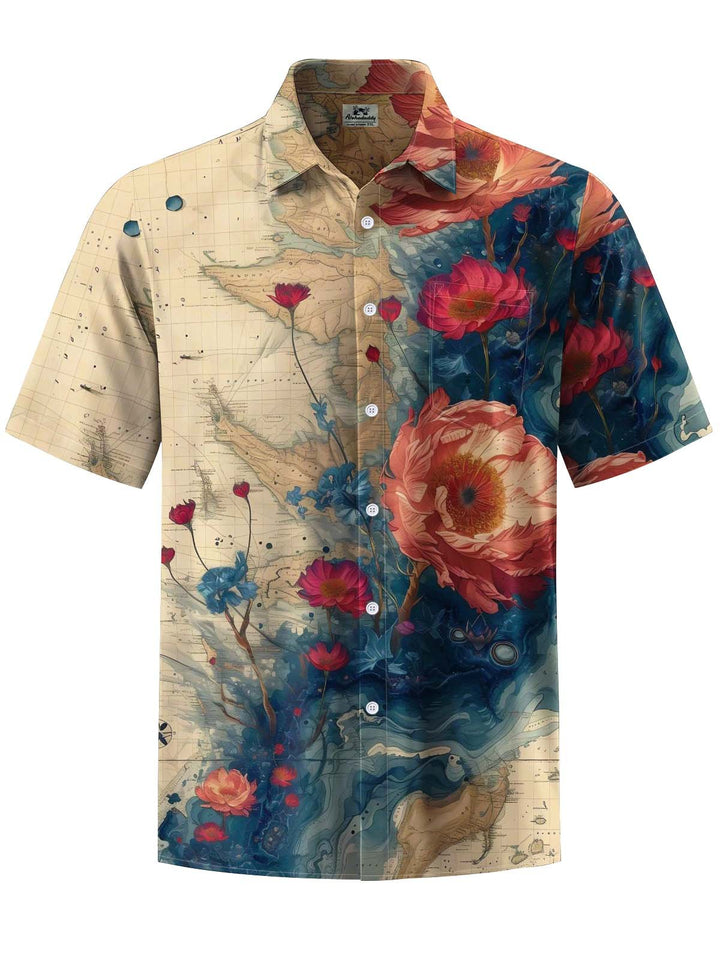 Alohadaddy® Vintage Floral Art Print Chest Pocket Stretch Men&