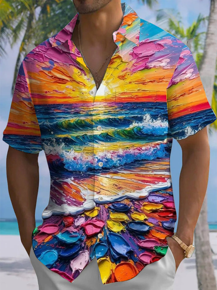 Alohadaddy® Acrylic Painting Beach Print Art Elastic Pocket Button Men&