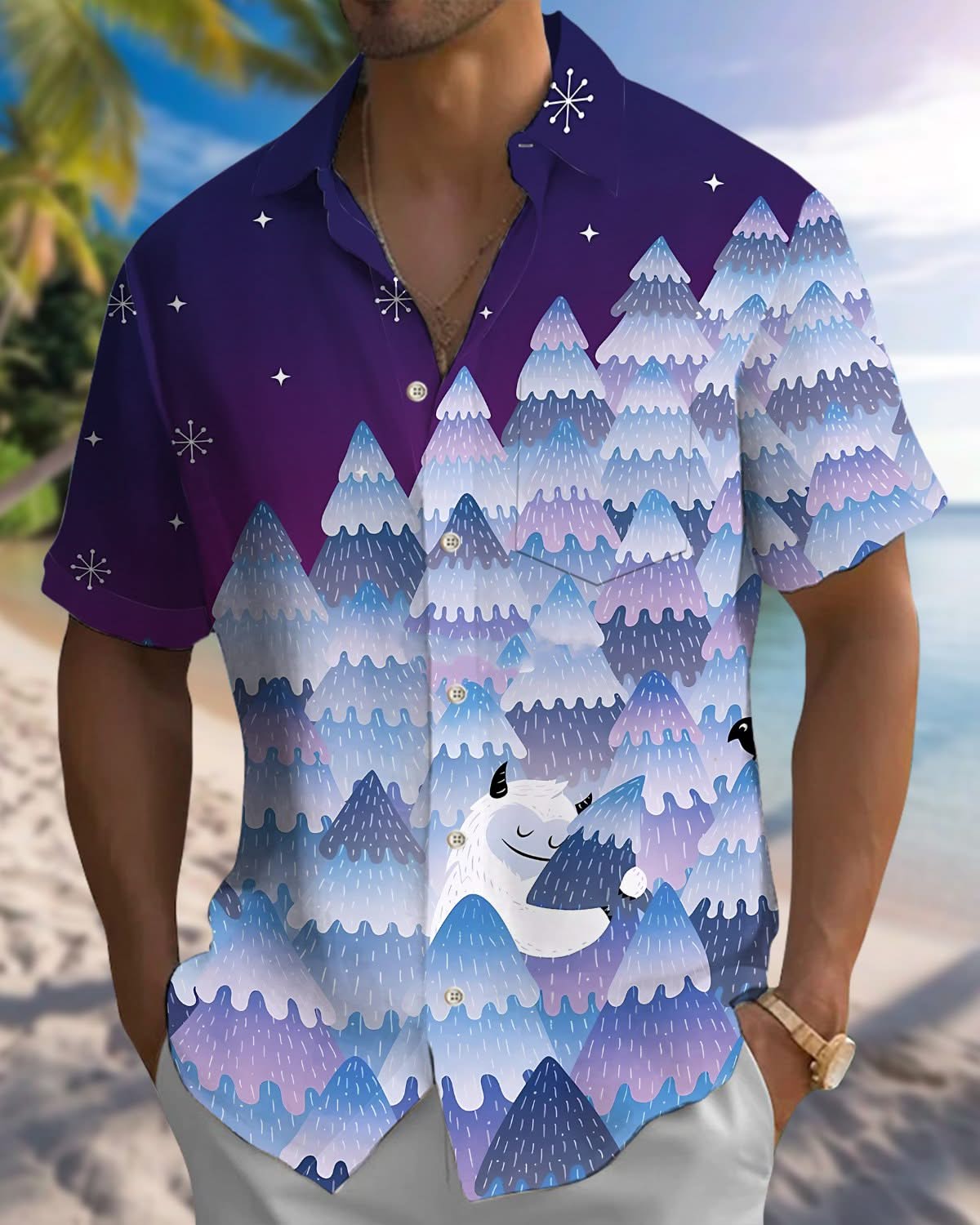 Alohadaddy® Vintage Fir Cartoon Print Pocket Elastic Button Men's Short Sleeve Shirt Big & Tall