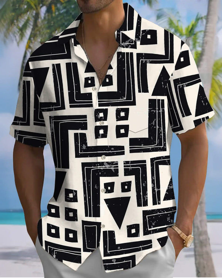 Alohadaddy® Retro Geometric Print Art Pocket Button Stretch Men&