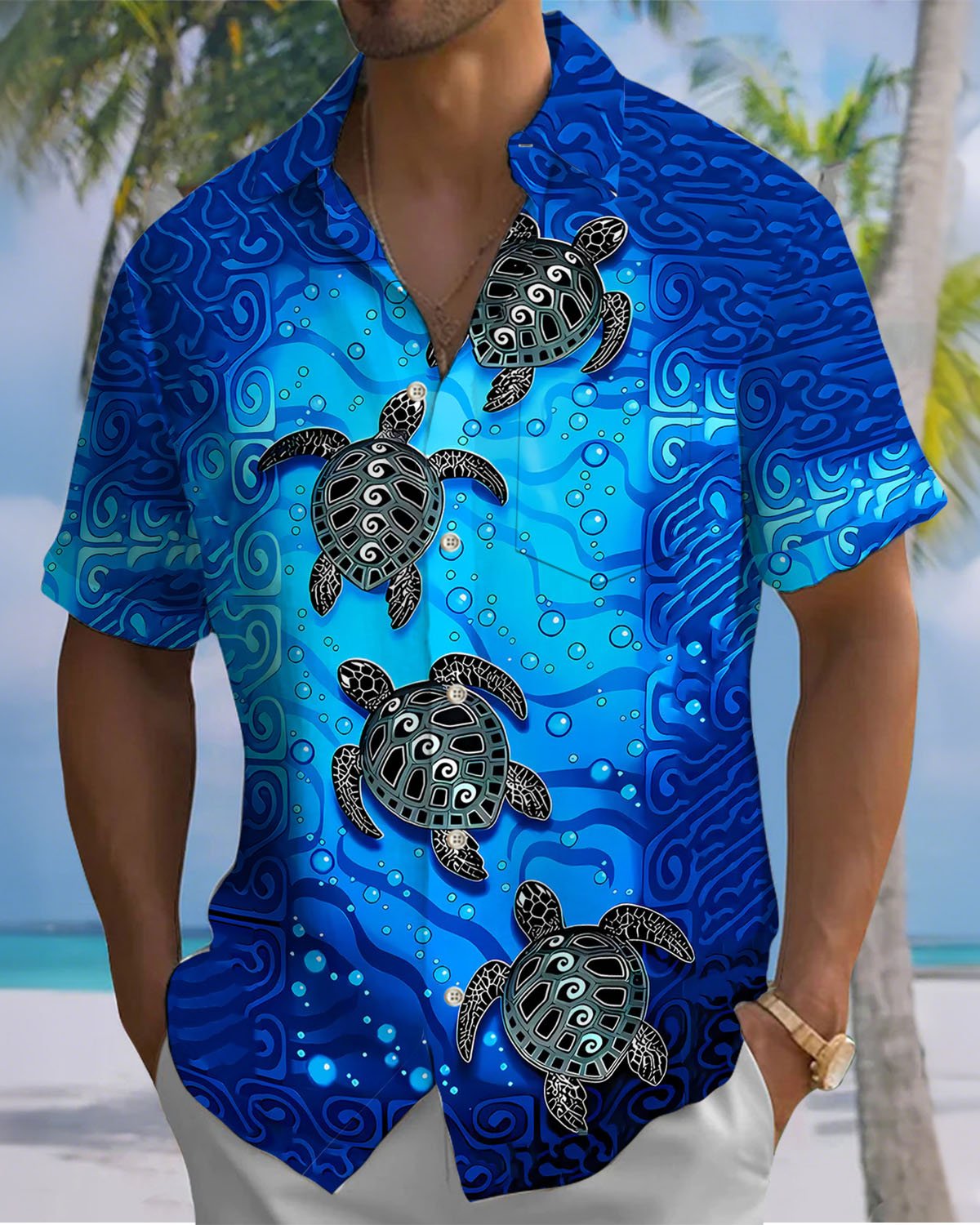 Alohadaddy® Vintage Turtle Print Artistic Elastic Button Pocket Men's Short Sleeve Shirt Big & Tall
