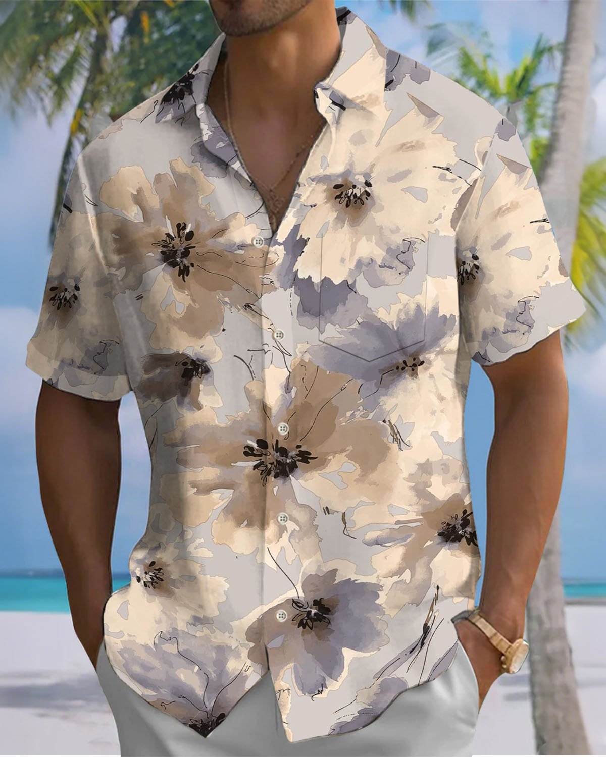 Alohadaddy® Hawaiian Floral Print Art Pocket Stretch Men's Short-Sleeve Shirt Big & Tall