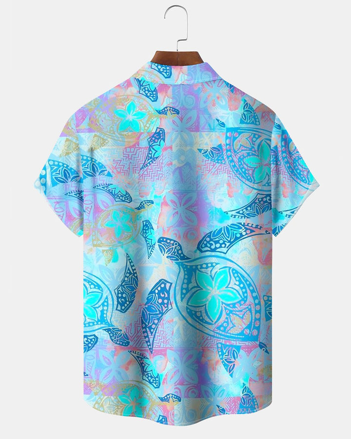 Alohadaddy® Hawaiian Turtle Geometric Print Art Pocket Button-Down Men&