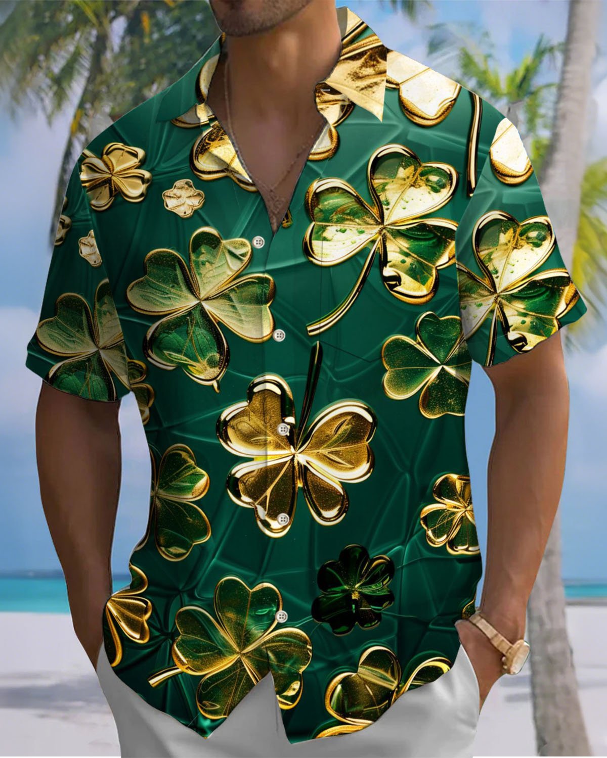 Alohadaddy® Holiday St. Patrick's Day Four-Leaf Clover Print Art Button-Down Cardigan Pocket Men's Short-Sleeve Shirt