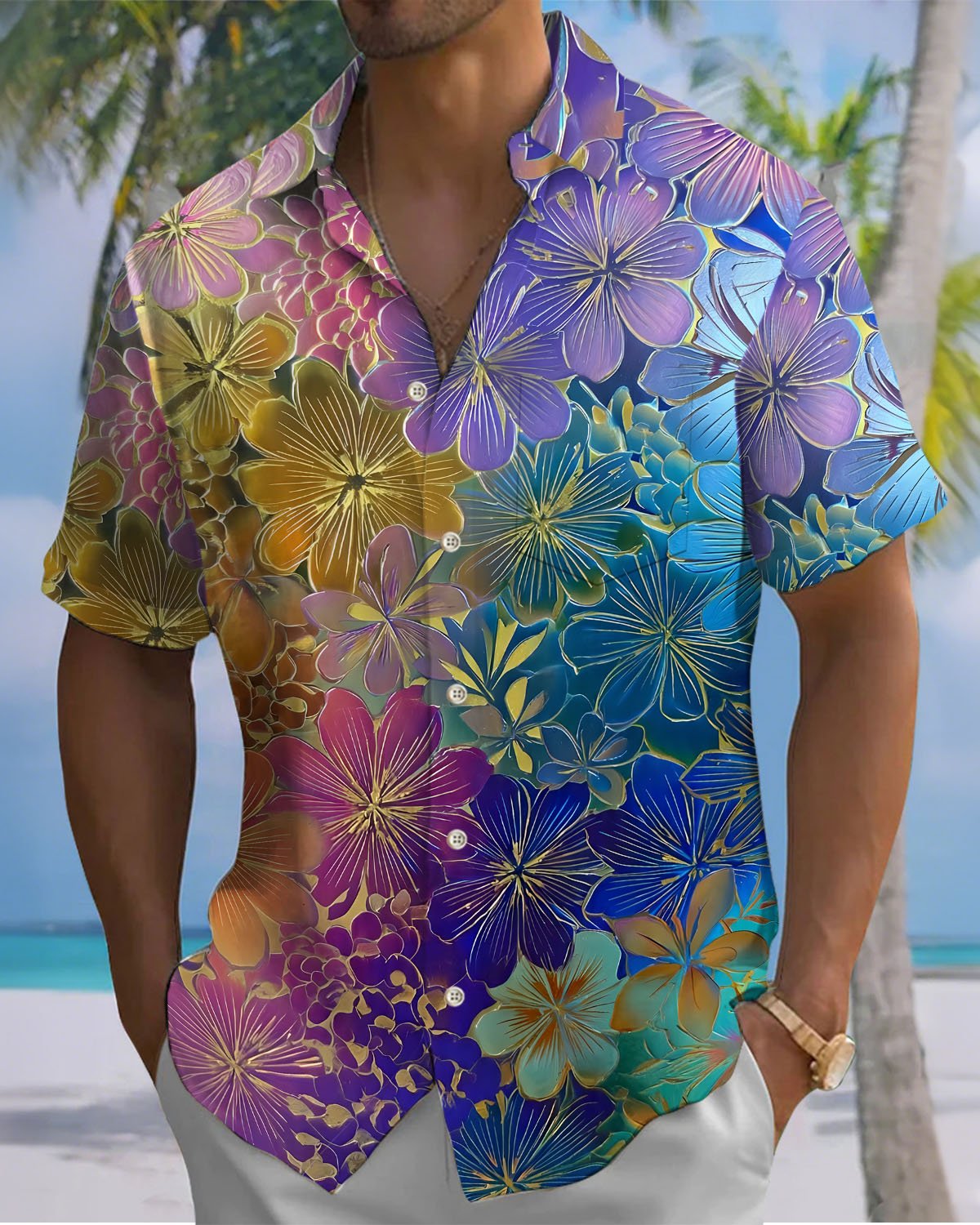 Alohadaddy® Casual Gradient Floral Print Art Cardigan Men's Short-Sleeve Shirt Big & Tall