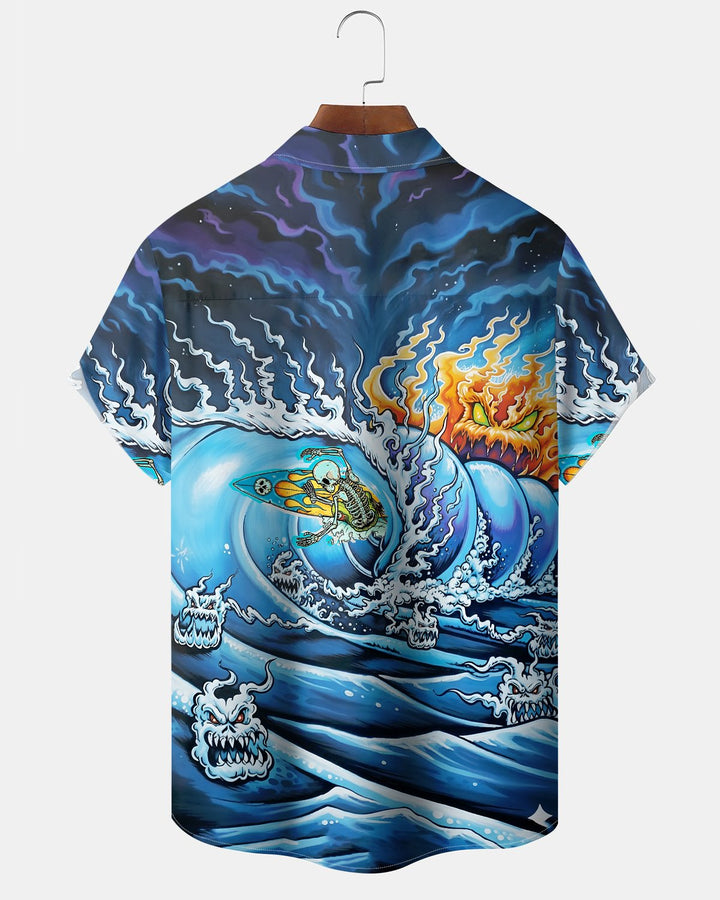 Alohadaddy® Retro Skull Surf Print Art, Button Pocket Cardigan Men&