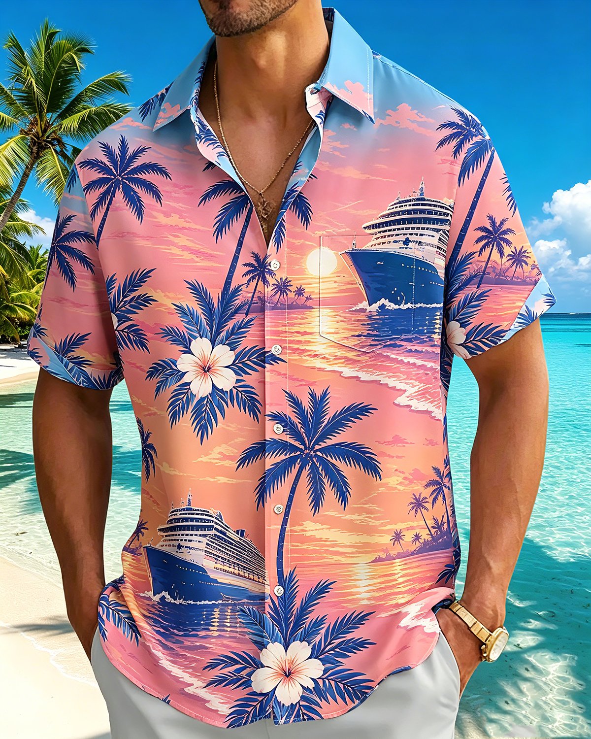 Alohadaddy® Hawaiian Palm Tree Print Art Button Pocket Cardigan Men's Short Sleeve Shirt