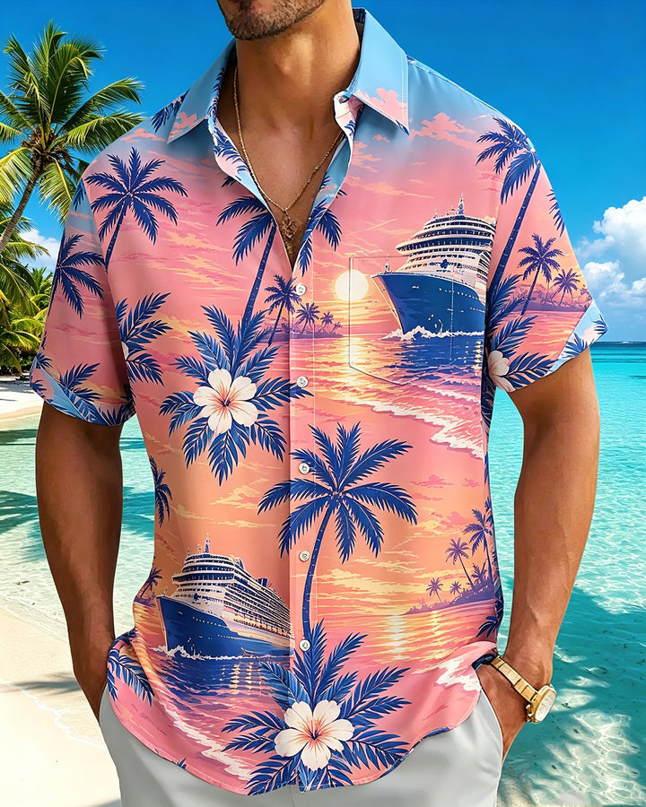 Alohadaddy® Hawaiian Palm Tree Print Art Button Pocket Cardigan Men&