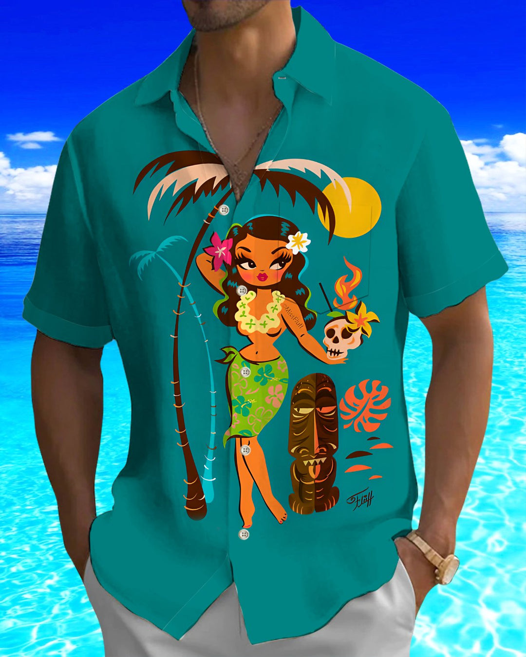 Alohadaddy® Hawaiian Palm Tree Print Art Button Pocket Cardigan Men&