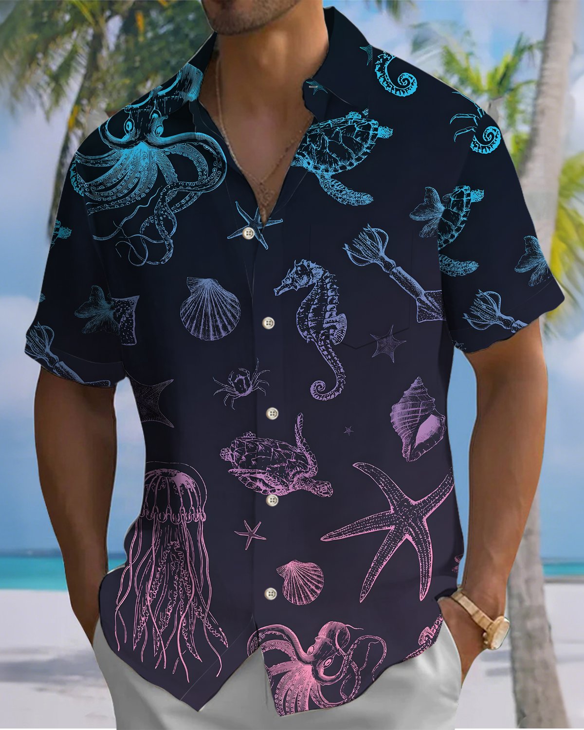 Alohadaddy® Hawaiian Marine Life Print Art Button Pocket Cardigan Men's Short Sleeve Shirt