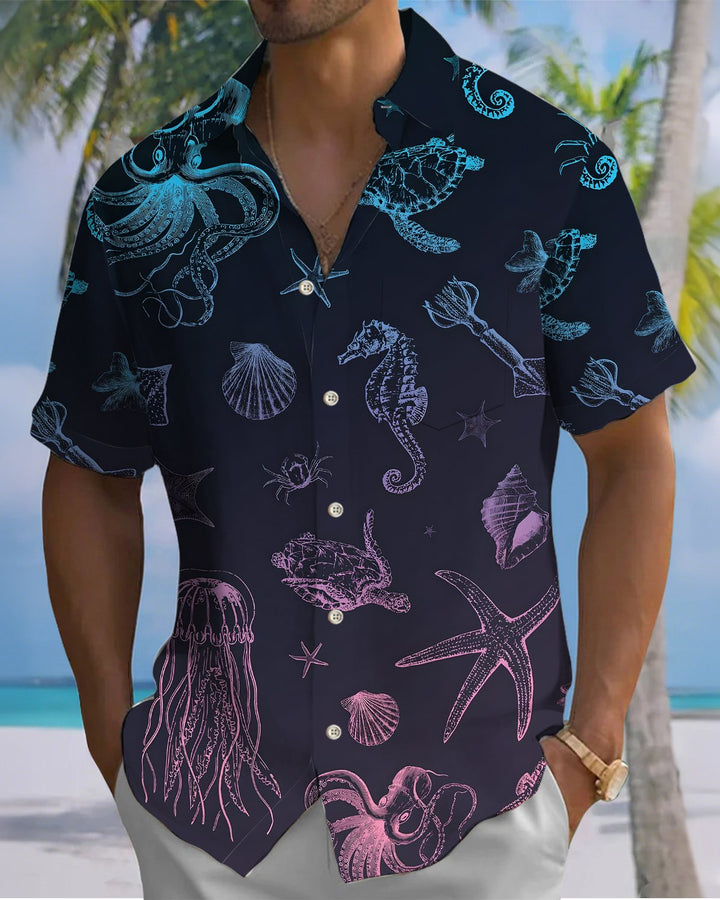 Alohadaddy® Hawaiian Marine Life Print Art Button Pocket Cardigan Men&