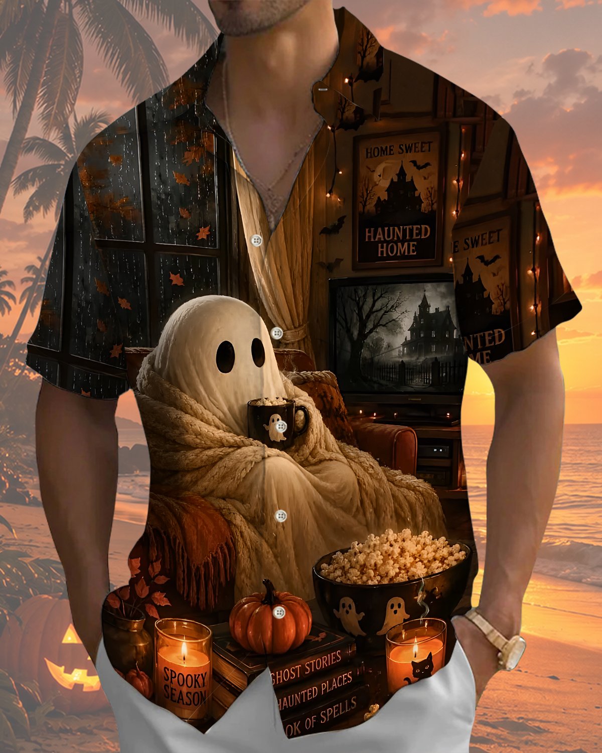 Alohadaddy® Holiday Halloween Graphic Print Button-Down Pocket Cardigan-Style Men's Short-Sleeve Shirt