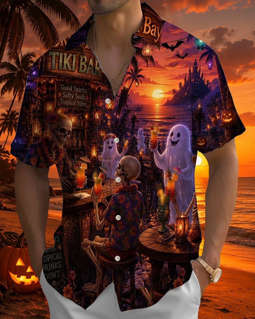 Alohadaddy® Holiday Halloween Graphic Print Button-Down Pocket Cardigan-Style Men&