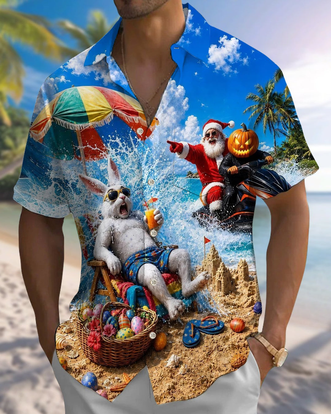 Alohadaddy® Holiday/Christmas Print Button-Down Short-Sleeve Shirt with Pocket for Men