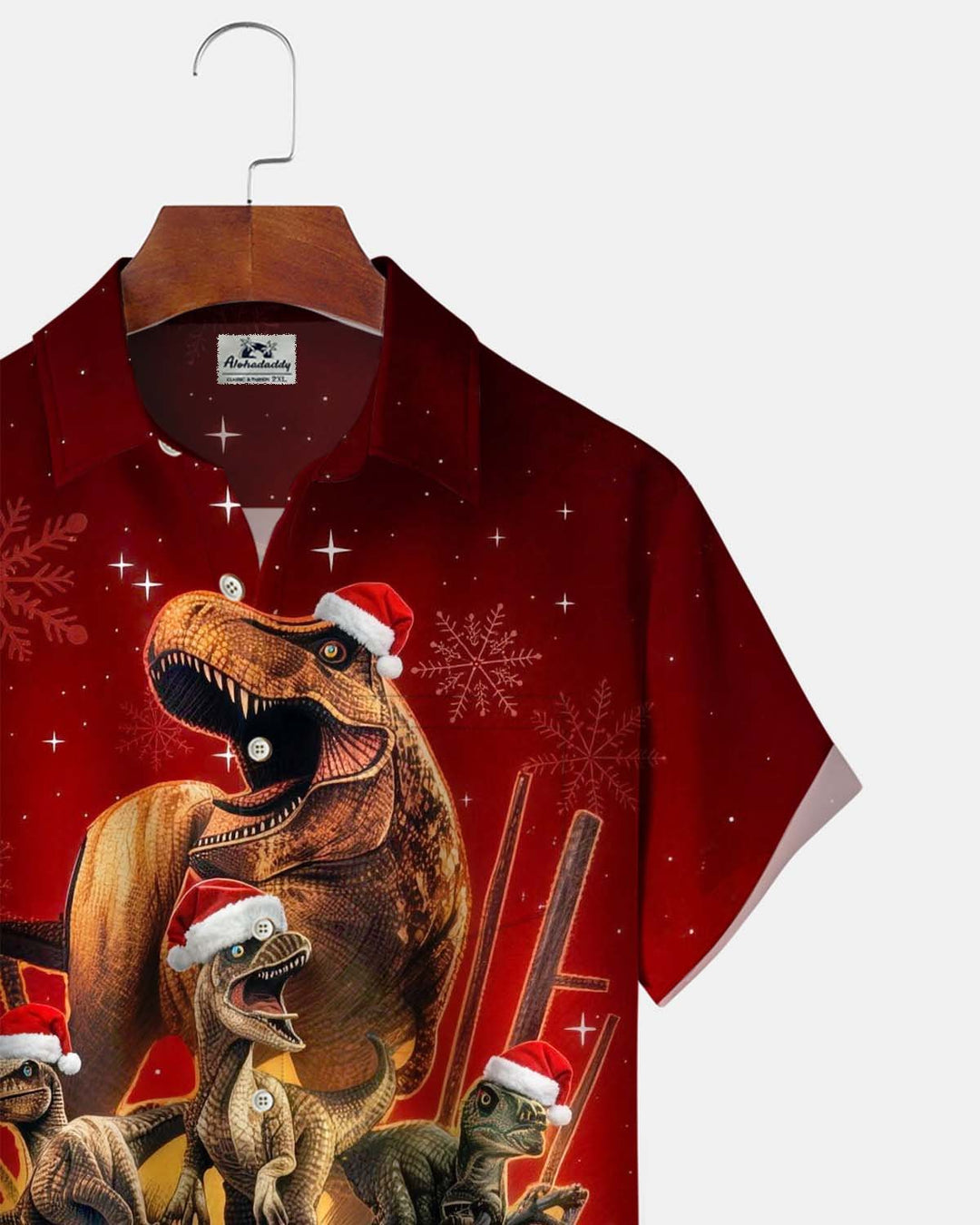 Alohadaddy® Holiday Christmas Dinosaur Print Button-Down Short-Sleeve Shirt with Pocket for Men