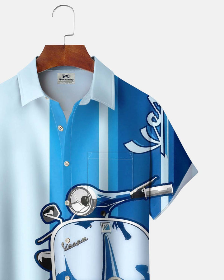 Alohadaddy® Men’s Short-Sleeve Button-Down Shirt  Vintage Motorcycle Graphic Print with Pocket